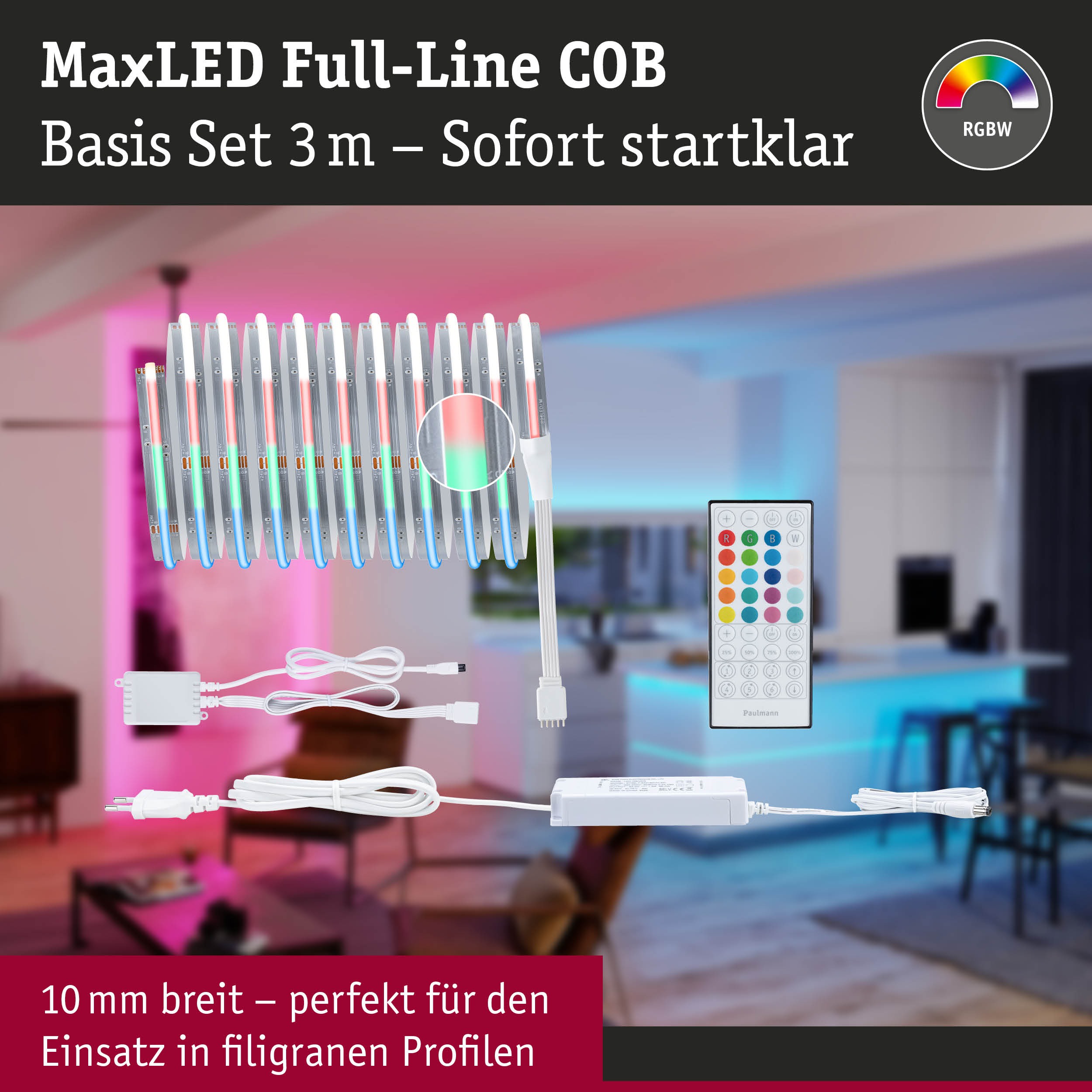 MaxLED Full-Line COB LED-Lichtstreifen Set 3 m mit Fernbedienung für RGBW Farblichtsteuerung