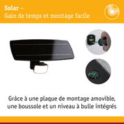 Panneau solaire noir avec lumière LED intégrée, aide au montage avec niveau à bulle et boussole intégrés