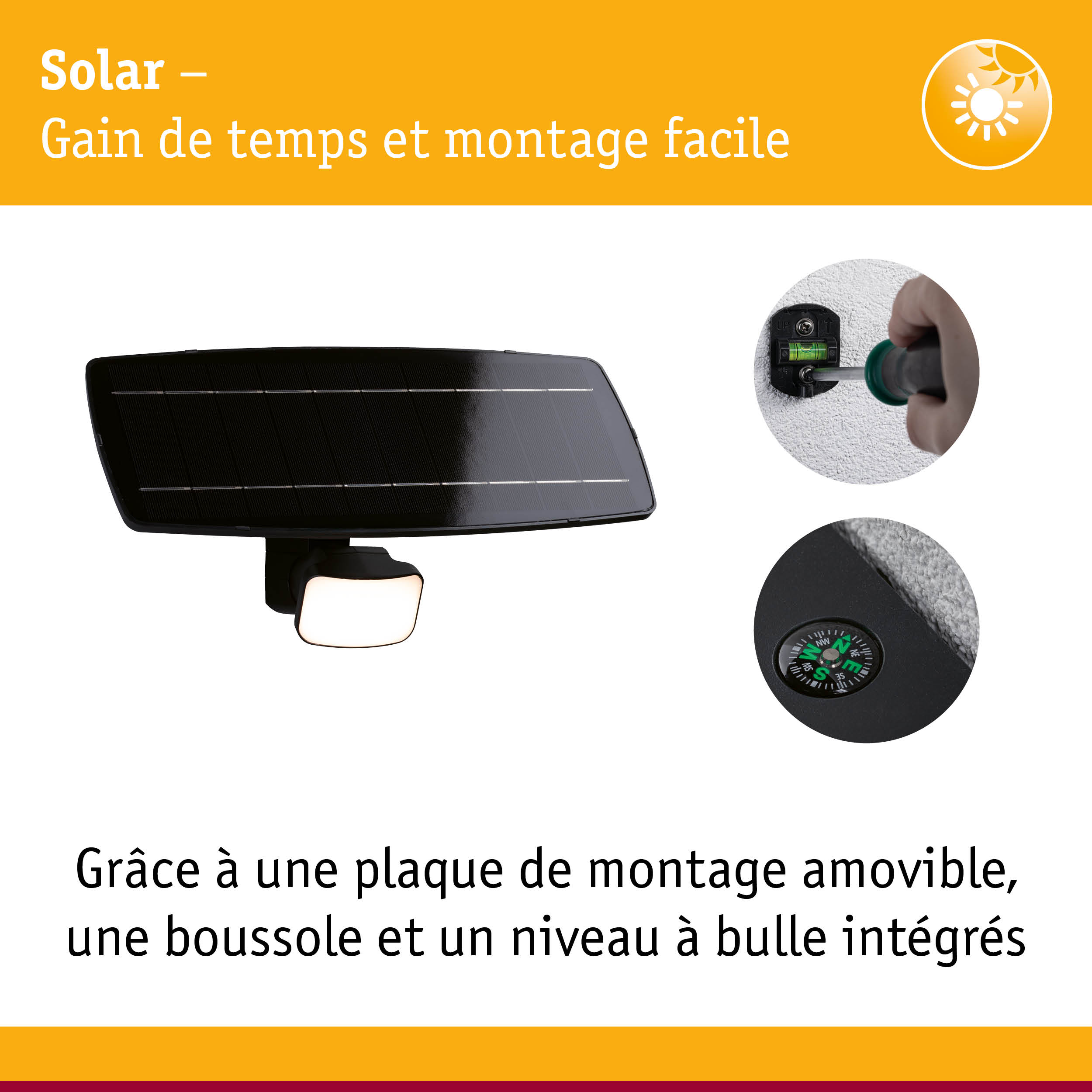 Panneau solaire noir avec lumière LED intégrée, aide au montage avec niveau à bulle et boussole intégrés