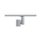 Moderner grauer LED-Strahler aus Metall an Schienensystem für flexible Raumbeleuchtung