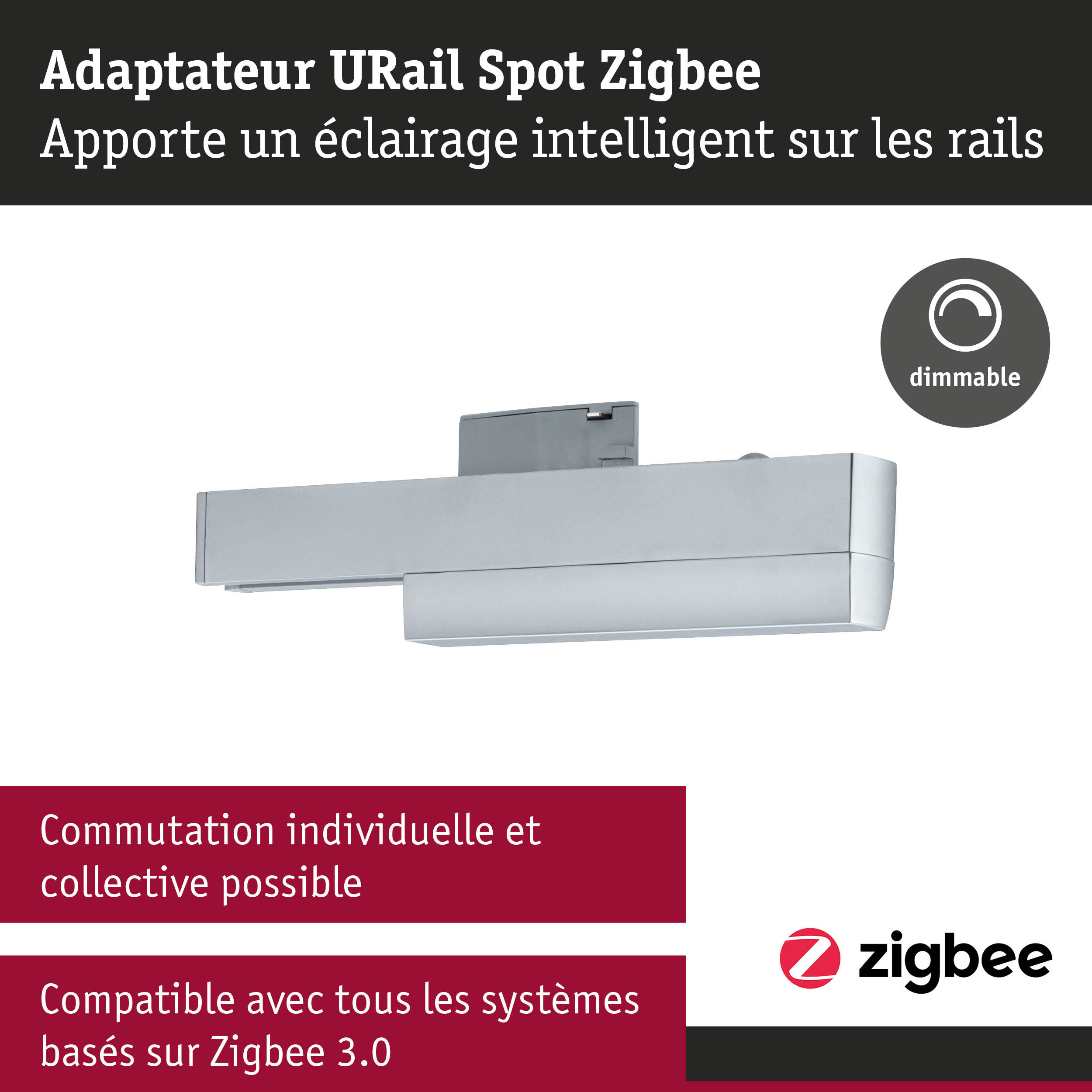 Adaptateur URail Spot Zigbee gris en métal avec fonction dimmable pour éclairage intelligent sur rails
