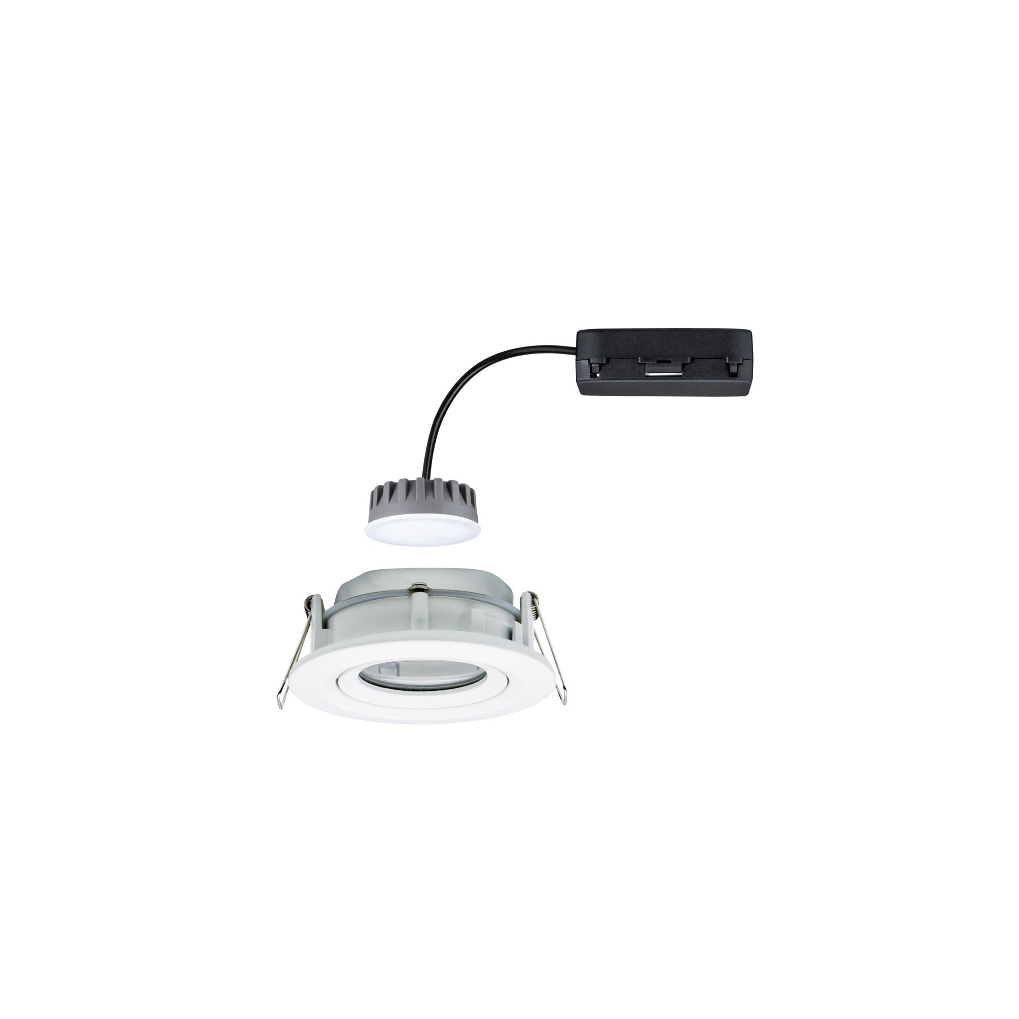Witte inbouwspot van kunststof met grijs LED-module en zwarte kabel voor binnenverlichting