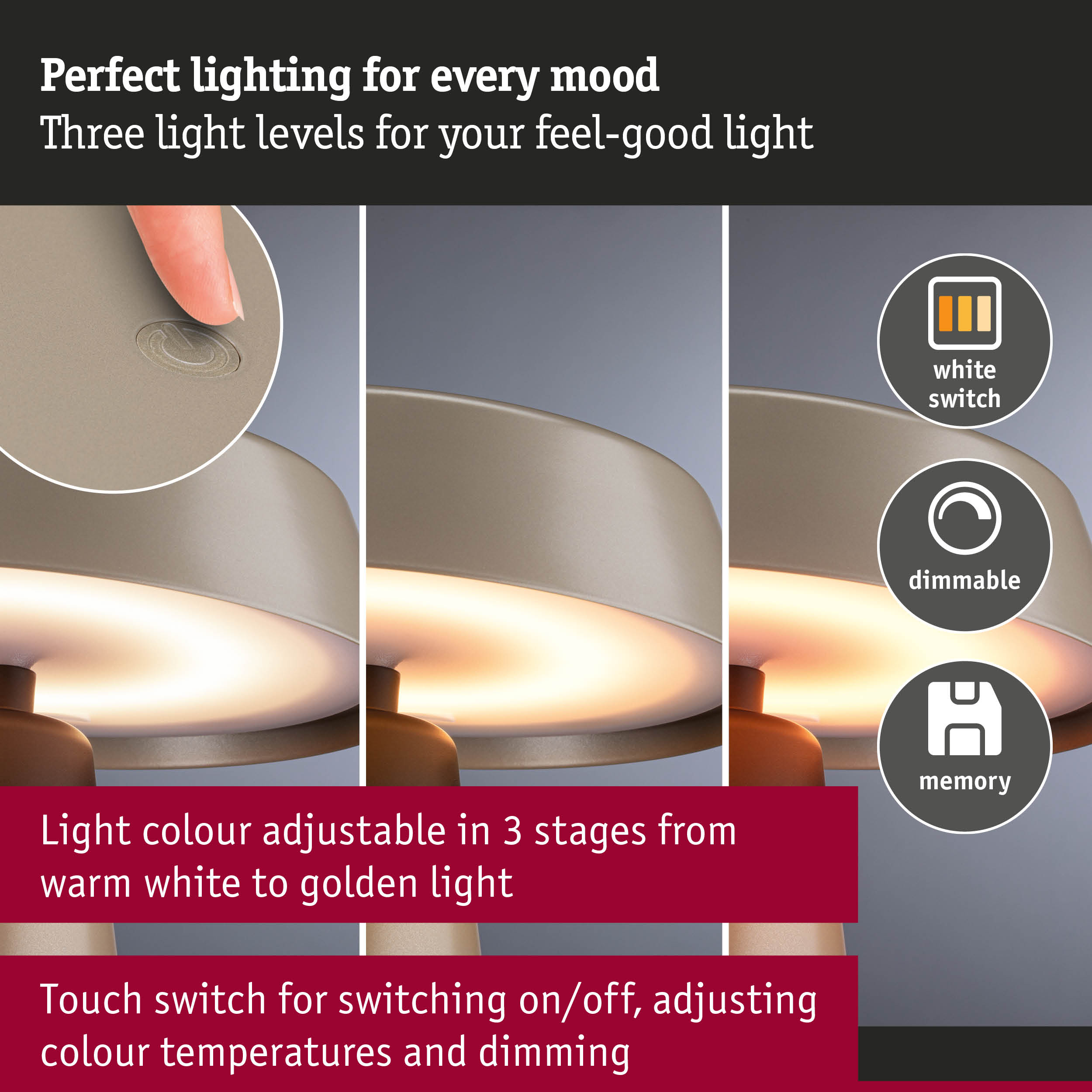 Beige dimmable lamp with touch switch and adjustable light colour from warm white to golden light