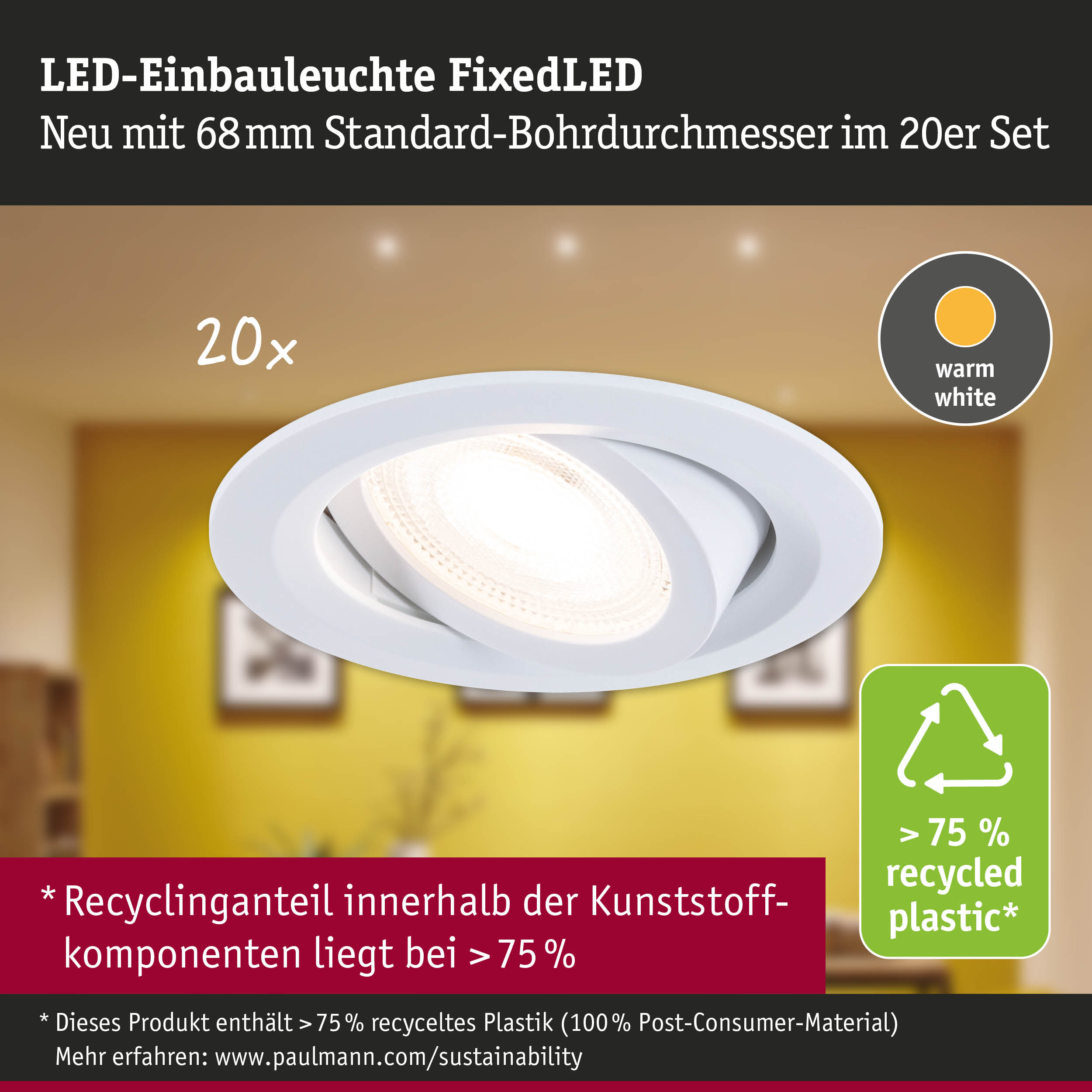LED-Einbauleuchte FixedLED in Weiß mit warmweißem Licht und 68mm Bohrdurchmesser, 20er Set