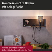 Wandleuchte Devara aus schwarzem Metall mit Ablagefläche und dekorativer LED-Beleuchtung