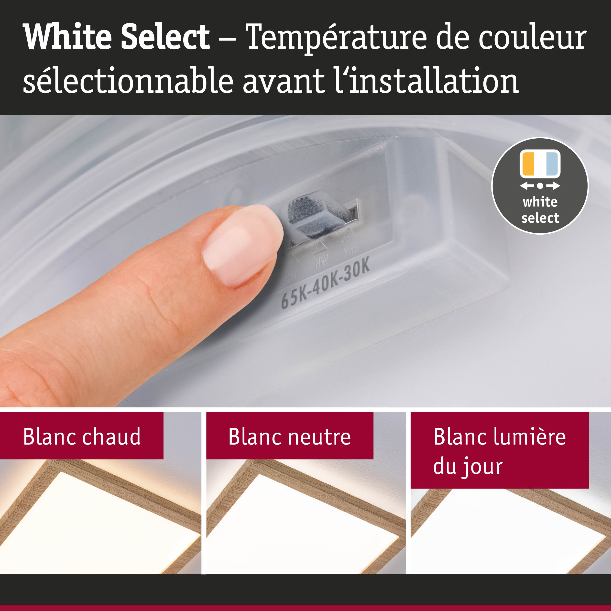 Main réglant la température de couleur sur un plafonnier LED blanc avec cadre en bois