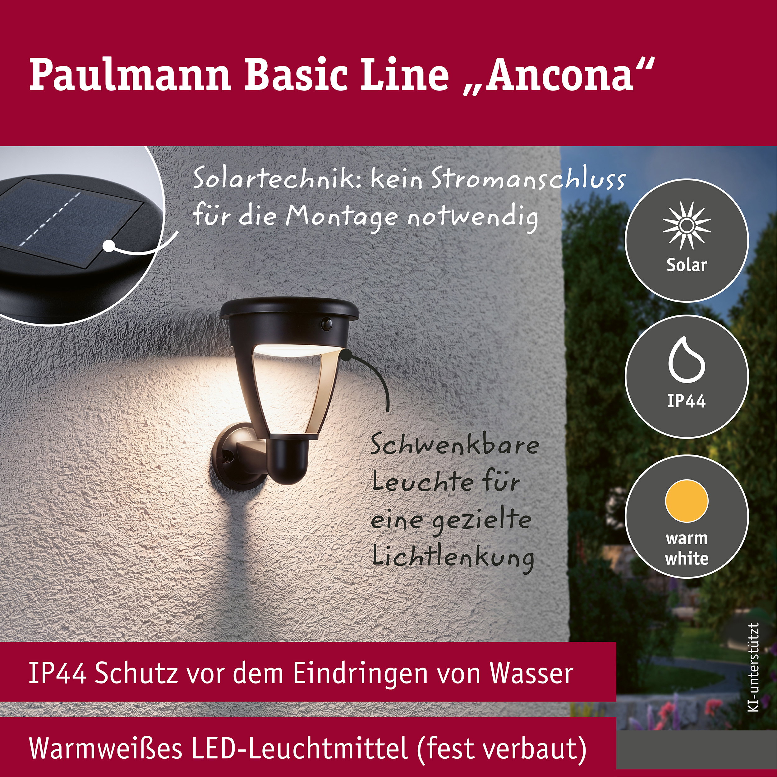 Solar LED Außenwandleuchte Ancona IP44 rund 140x188mm 3000K 4,2W 300lm 3,7V Schwarz