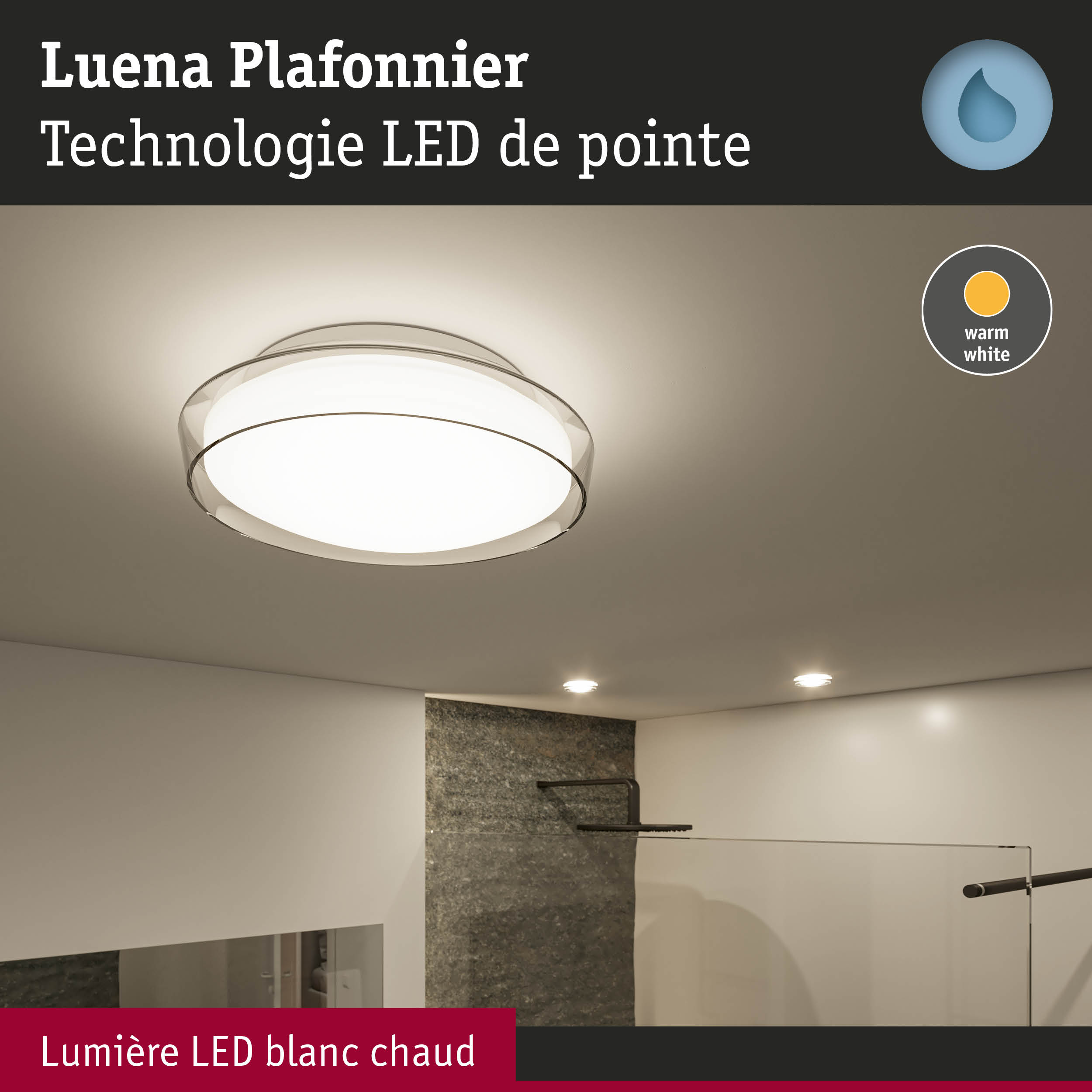 Plafonnier LED Luena avec lumière blanc chaud et bord transparent pour éclairage moderne