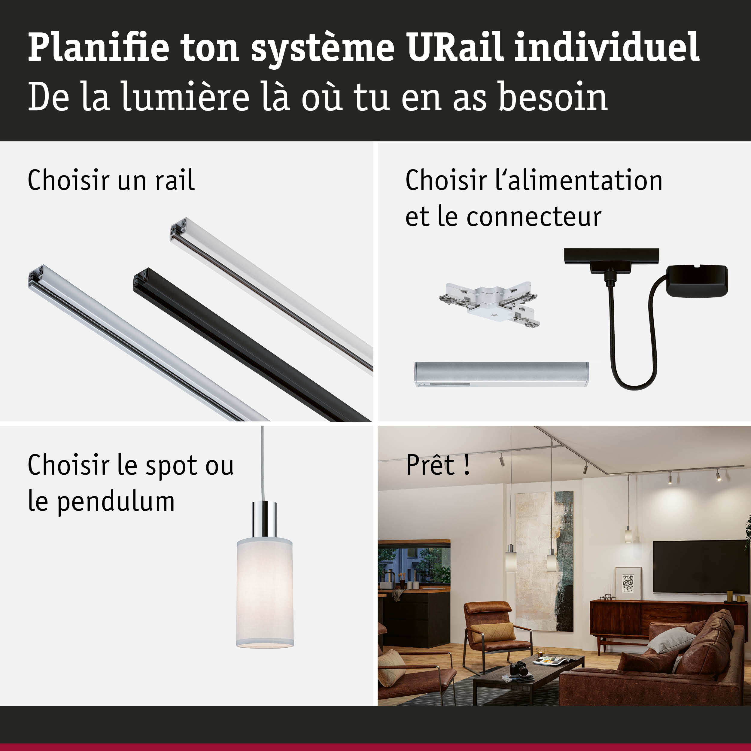 Système de rail URail modulaire en aluminium noir et blanc pour éclairage LED flexible.