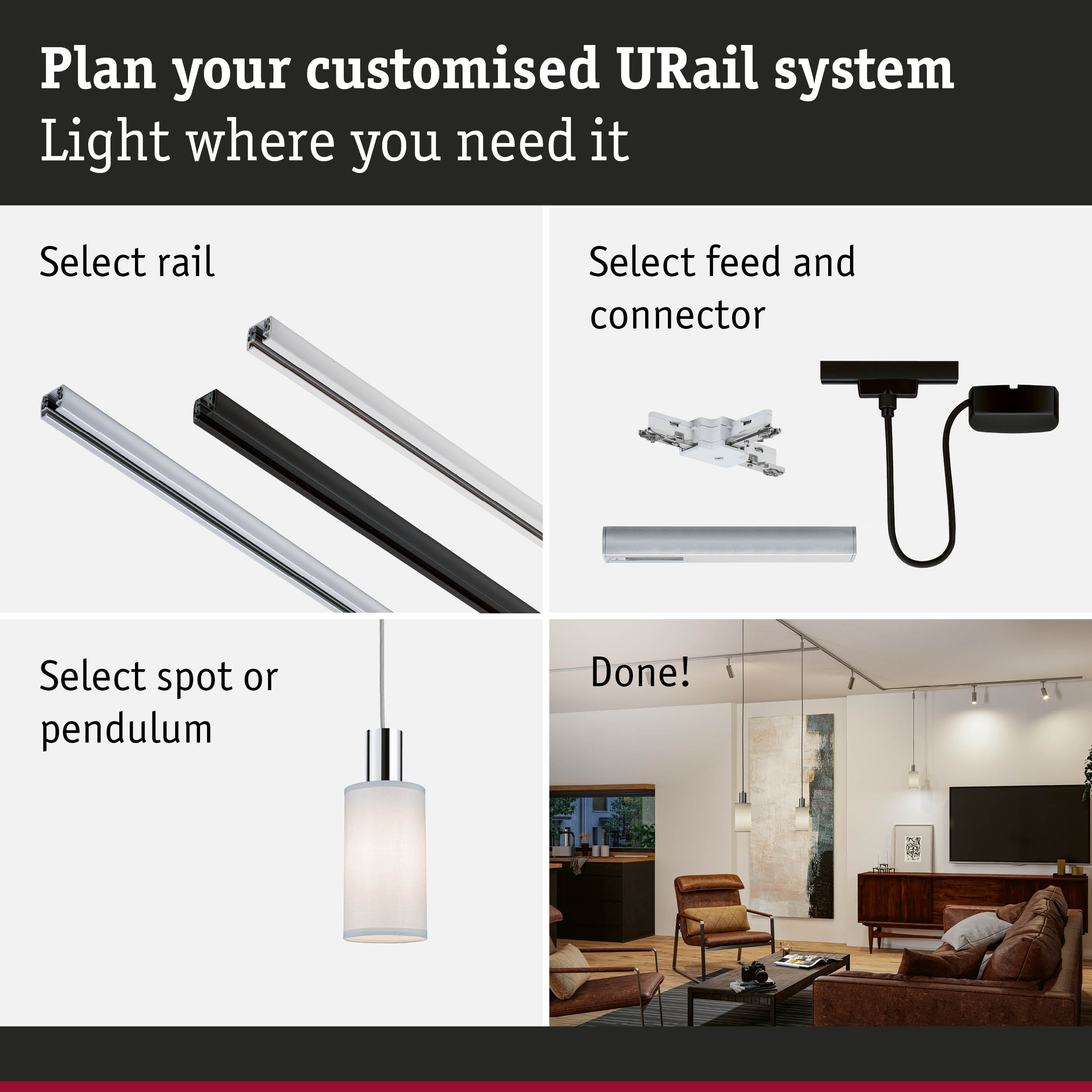 Modular URail track system with black and white aluminium rails for customizable lighting solutions