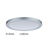 Flat round LED ceiling light with silver aluminum frame and white diffuser, 300 mm diameter