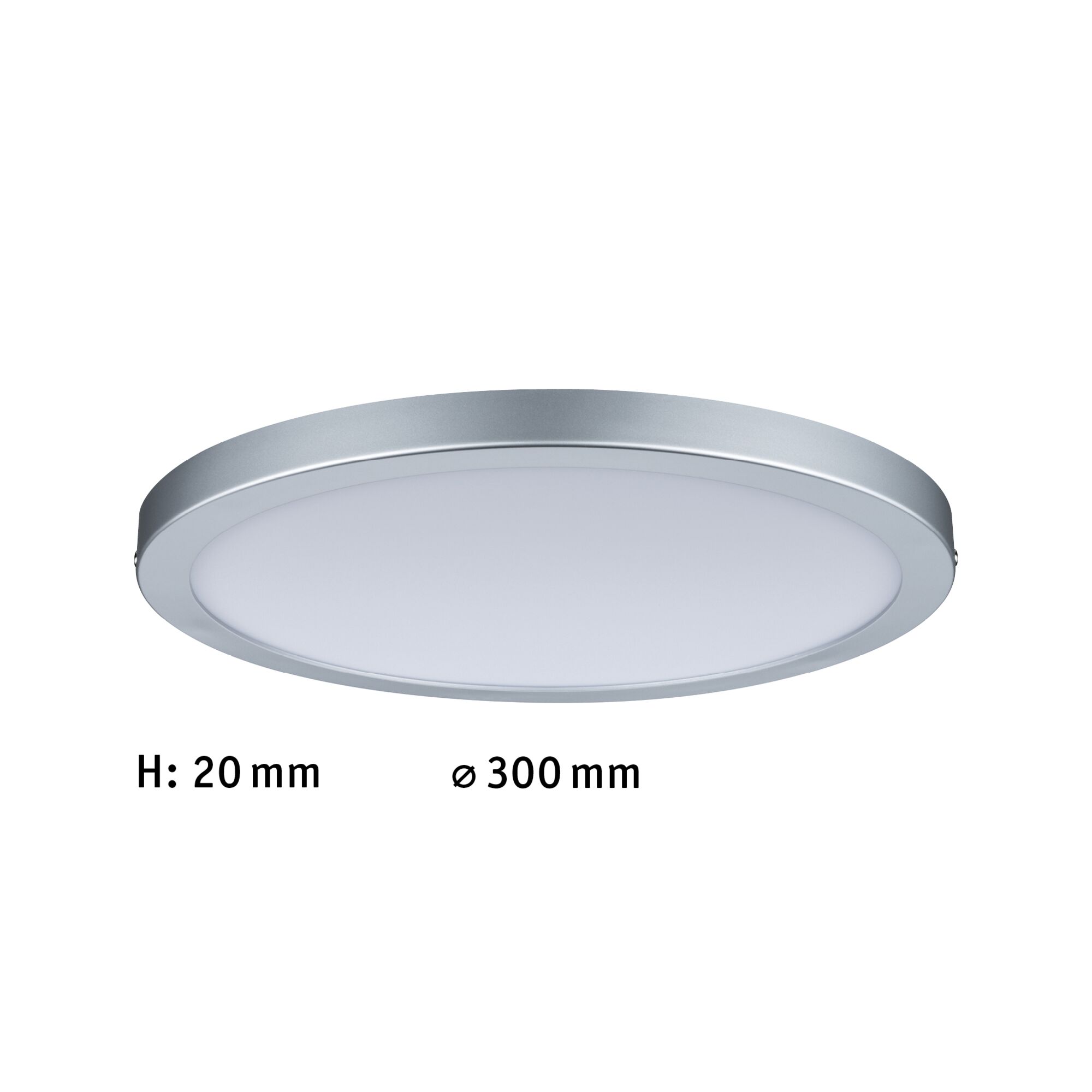 Flache runde LED-Deckenleuchte mit silbernem Aluminiumrahmen und weißem Diffusor, 300 mm Durchmesser
