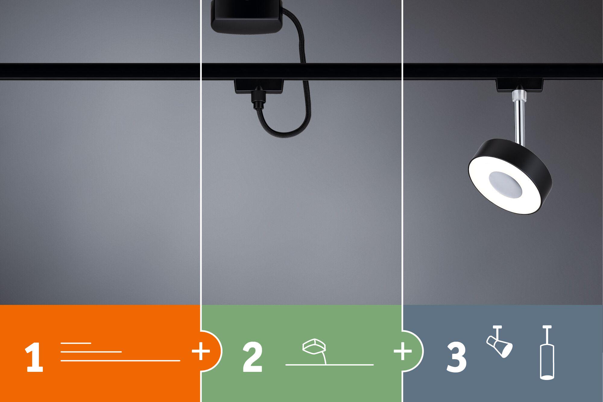 Schwarzes Urail-Schienensystem mit LED-Strahler und Anschlusskabel für flexible Beleuchtungslösungen