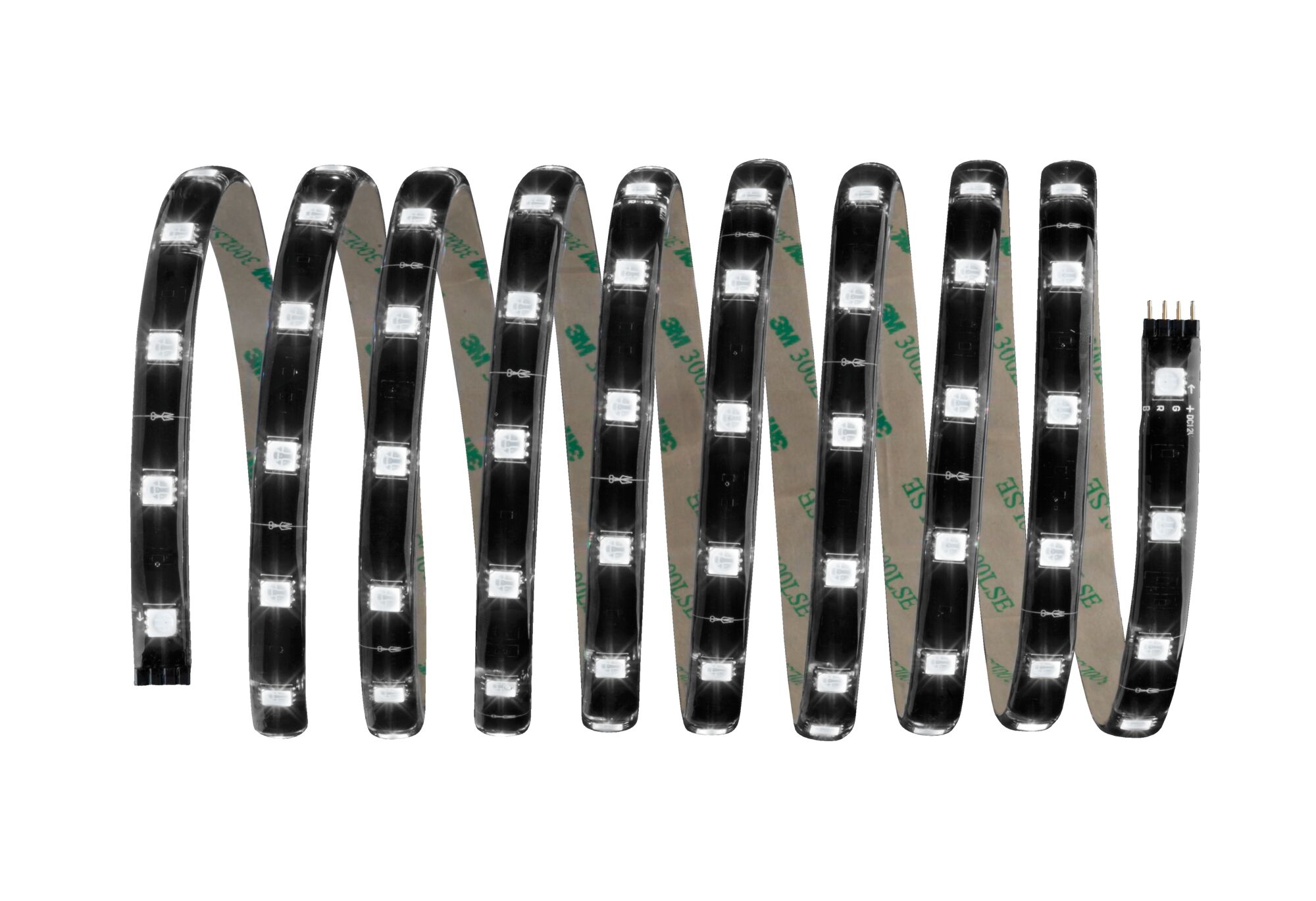 Flexible LED strip with white lights and adhesive backing for versatile lighting solutions.