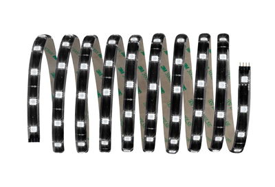 Flexible LED strip with white lights and adhesive backing for versatile lighting solutions.