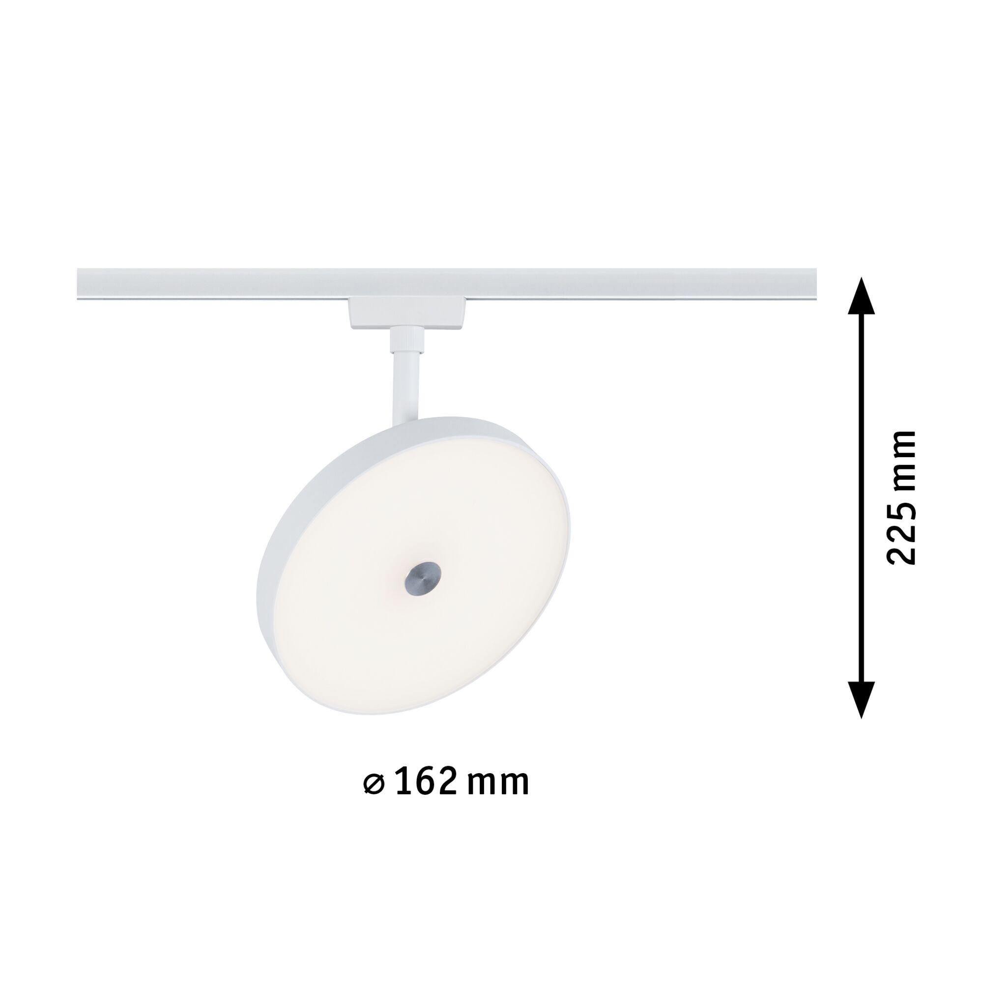 Round white LED track light with 162 mm diameter and 225 mm height for modern indoor lighting