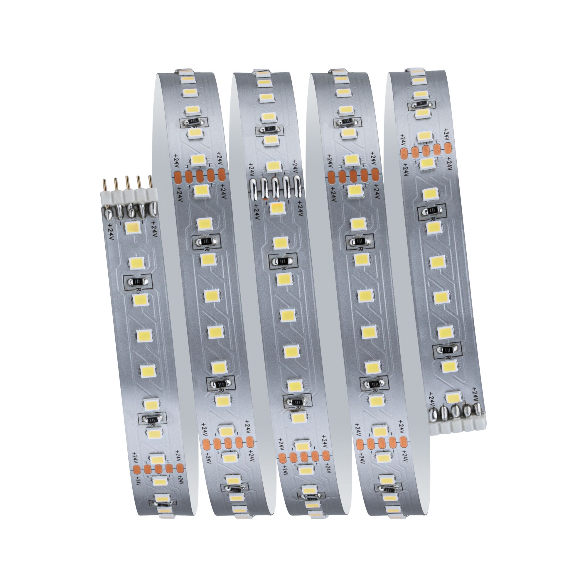 Flexibler LED-Streifen mit weißen LEDs auf silberner Platine für energiesparende Beleuchtung