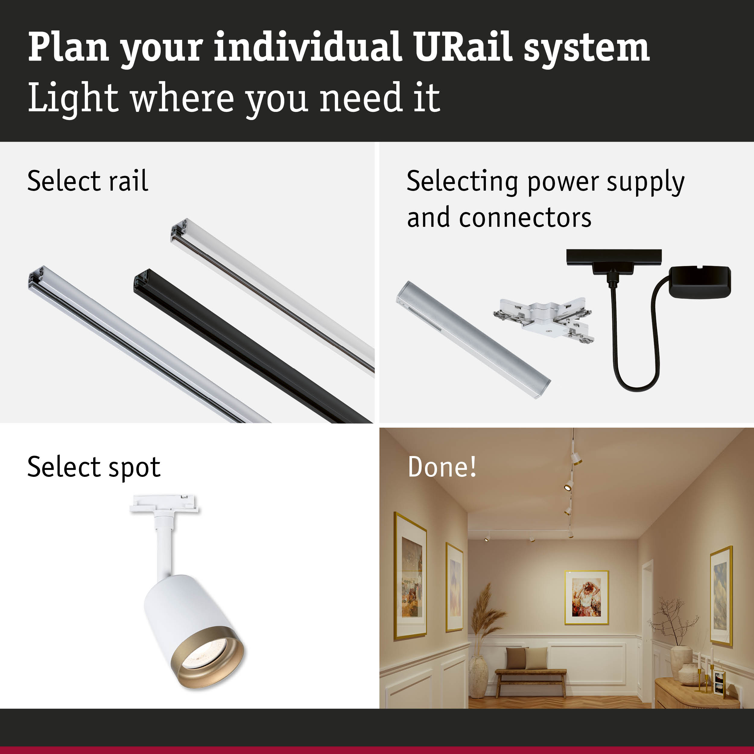 Modular URail track system with white and black rails, connectors, and spotlights for flexible lighting setup