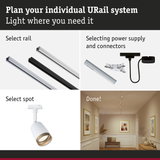 Modular URail track system with white and black rails, connectors, and spotlights for flexible lighting setup
