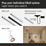 Modular URail track system with white and black rails, connectors, and spotlights for flexible lighting setup