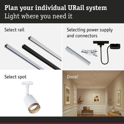 Modular URail track system with white and black rails, connectors, and spotlights for flexible lighting setup