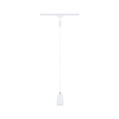 Minimalistische weiße Pendelleuchte aus Metall mit schmalem Lampenschirm für moderne Innenräume