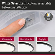 White light colour selector before installation with three LED ceiling lights in warm, neutral, and daylight white