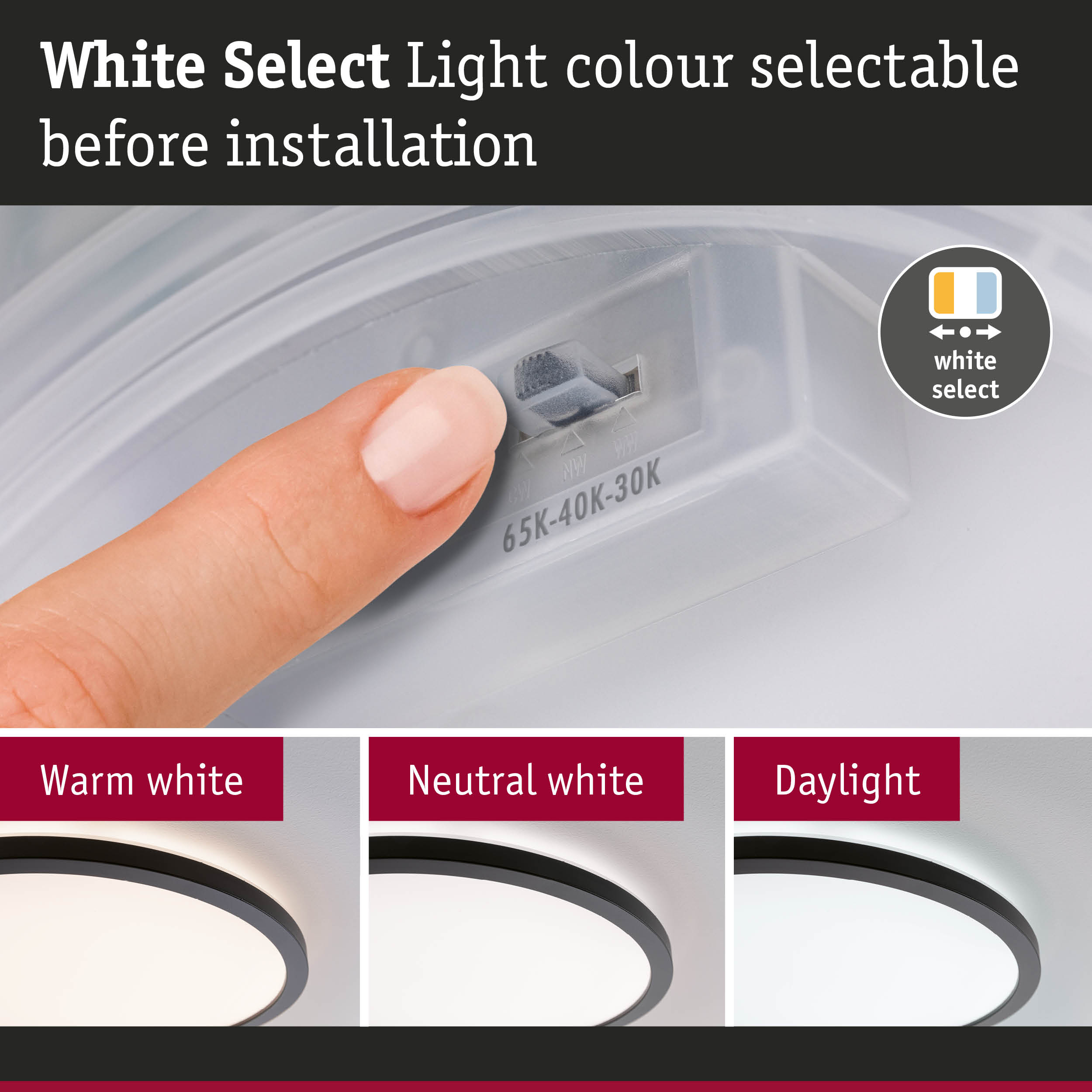 White light colour selector before installation with three LED ceiling lights in warm, neutral, and daylight white