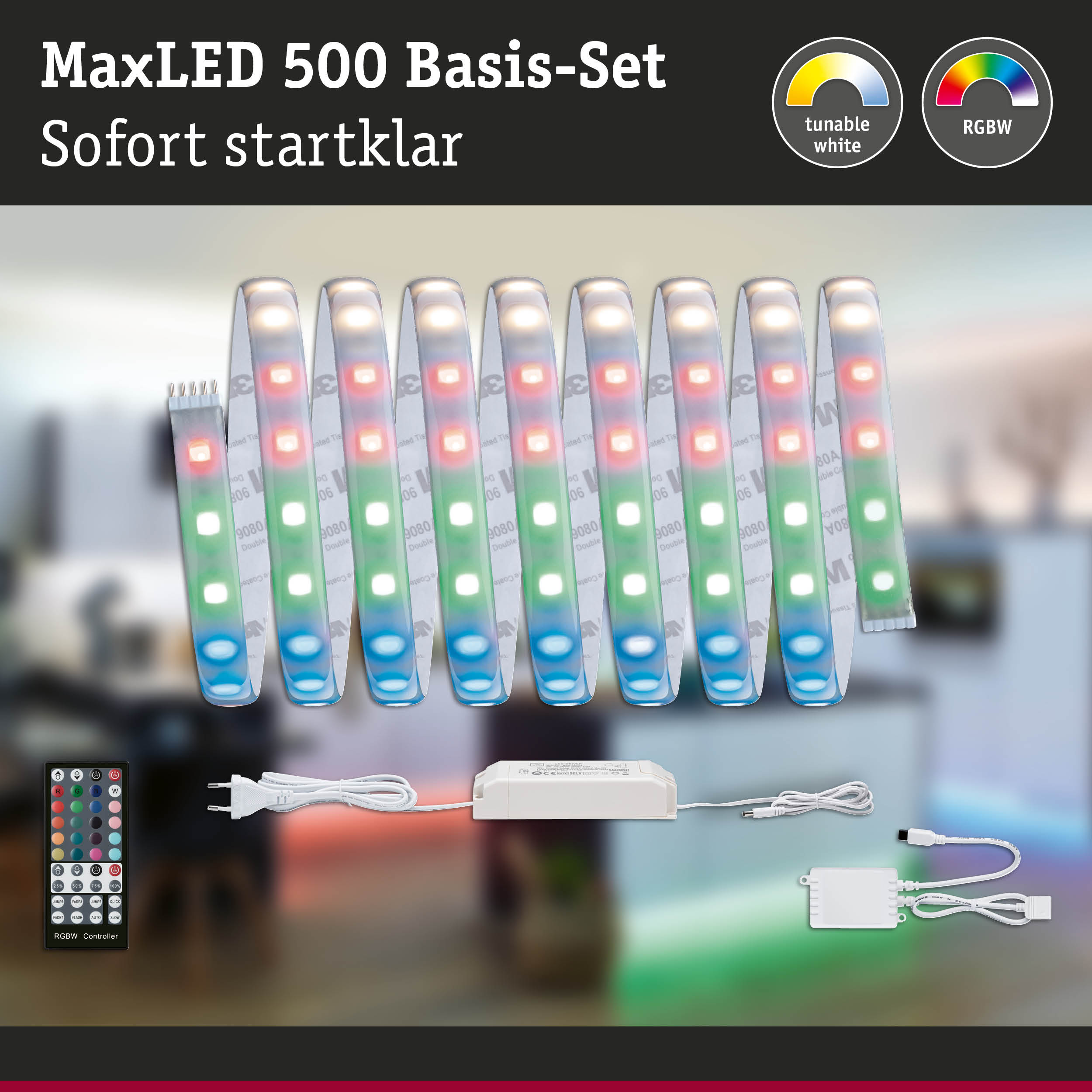 MaxLED 500 RGBW LED-Lichtband mit Fernbedienung und Netzteil für farbige Lichtsteuerung