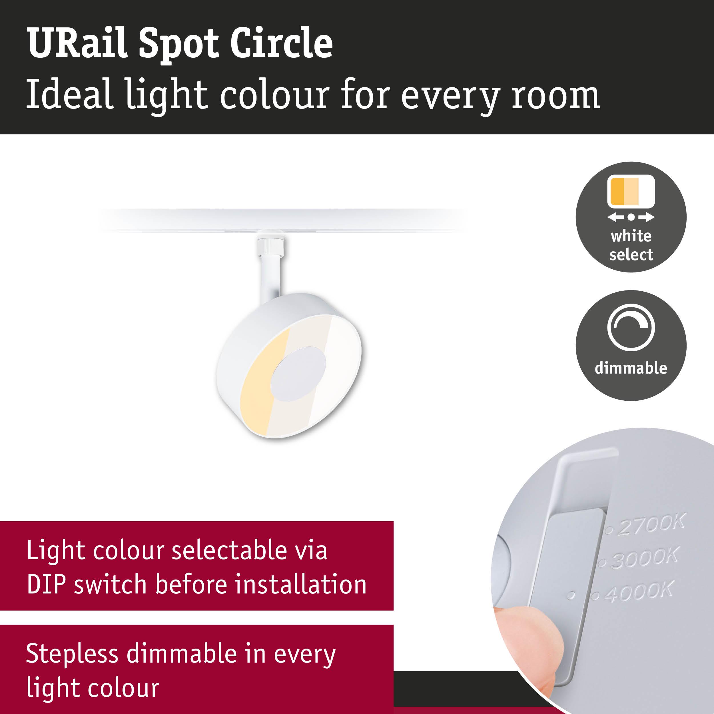 White URail Spot Circle spotlight with adjustable light colour and stepless dimming for rooms