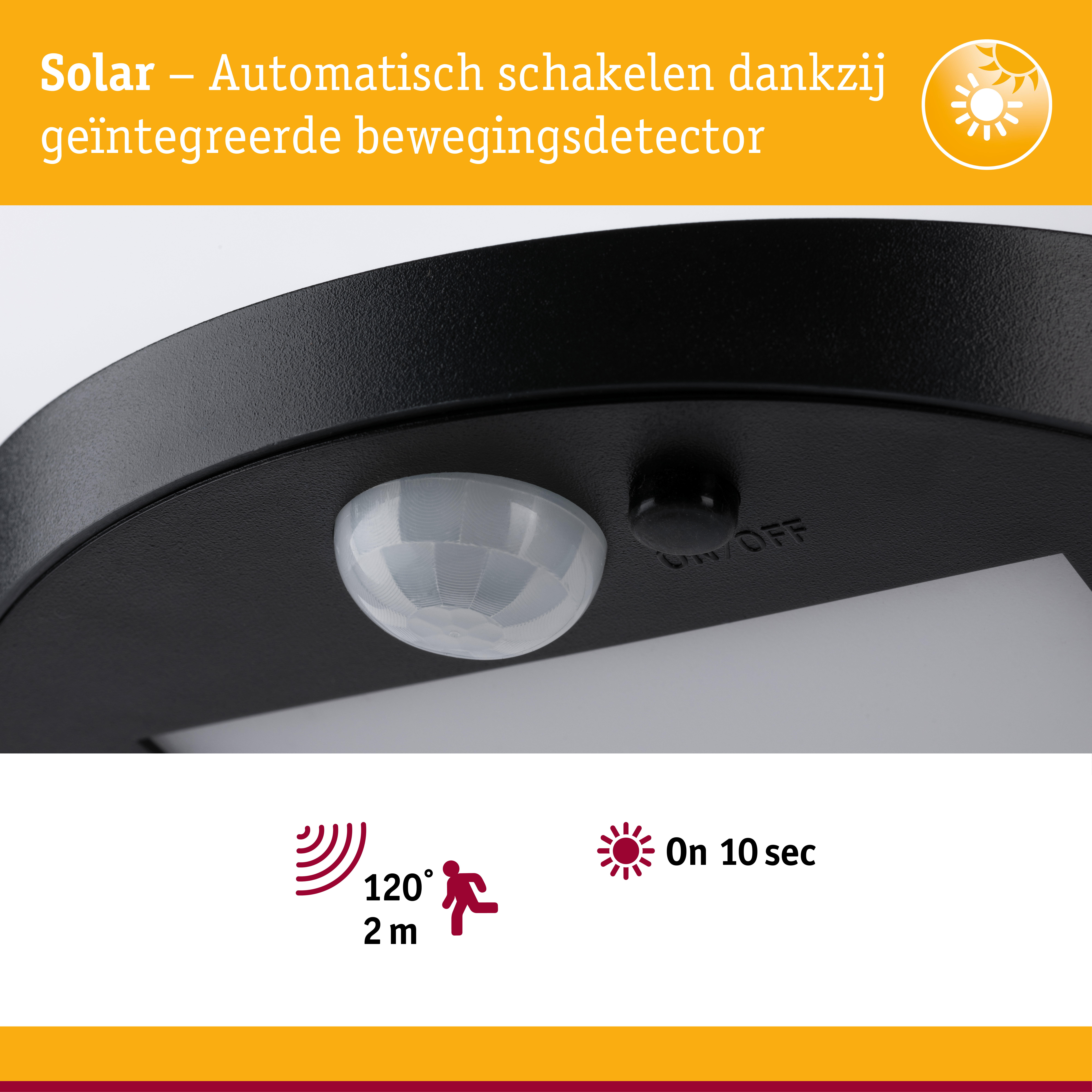 Zwarte solar bewegingssensor met geïntegreerde detector voor automatisch schakelen en 120° detectiehoek