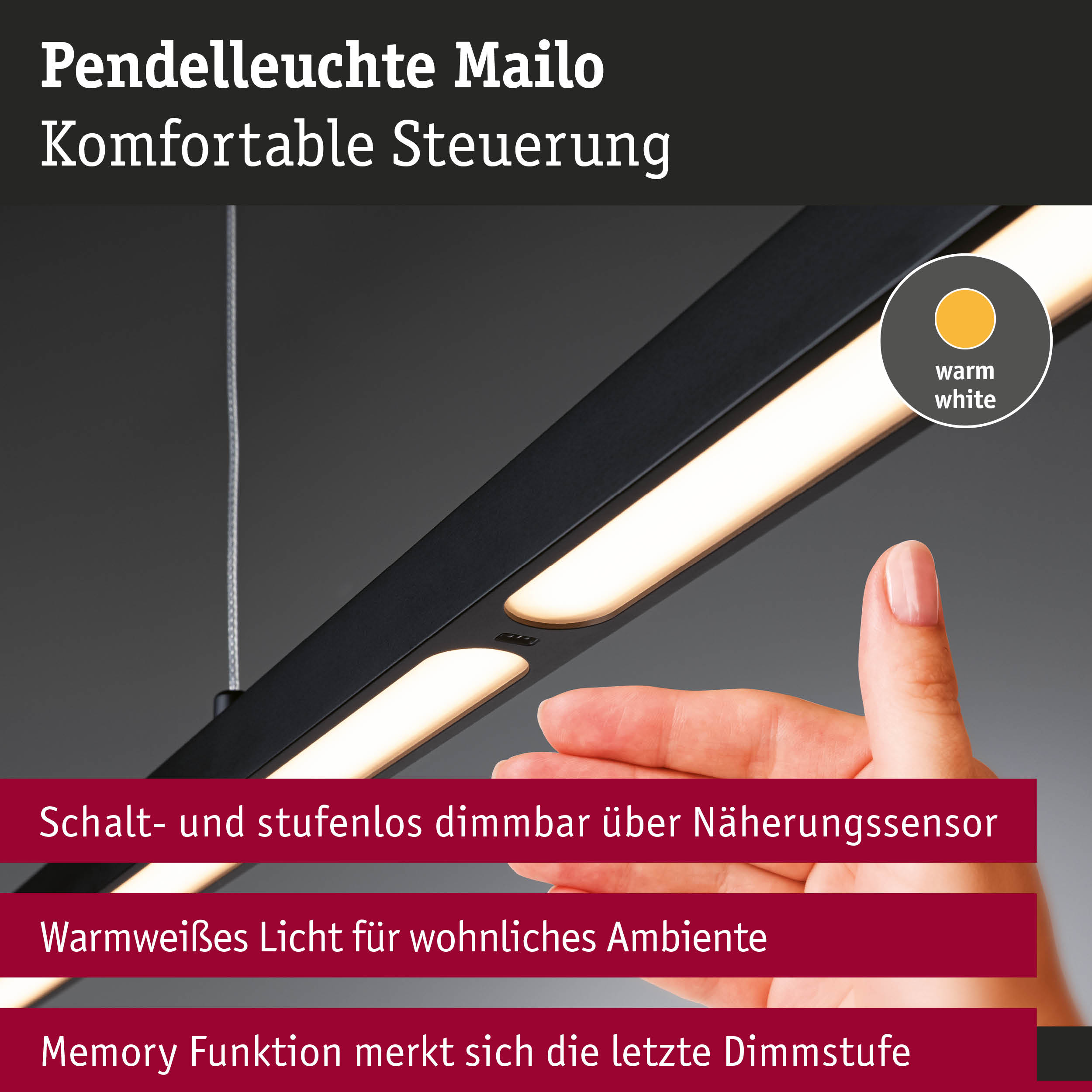 Pendelleuchte Mailo in Schwarz mit warmweißem Licht und Näherungssensor für stufenloses Dimmen
