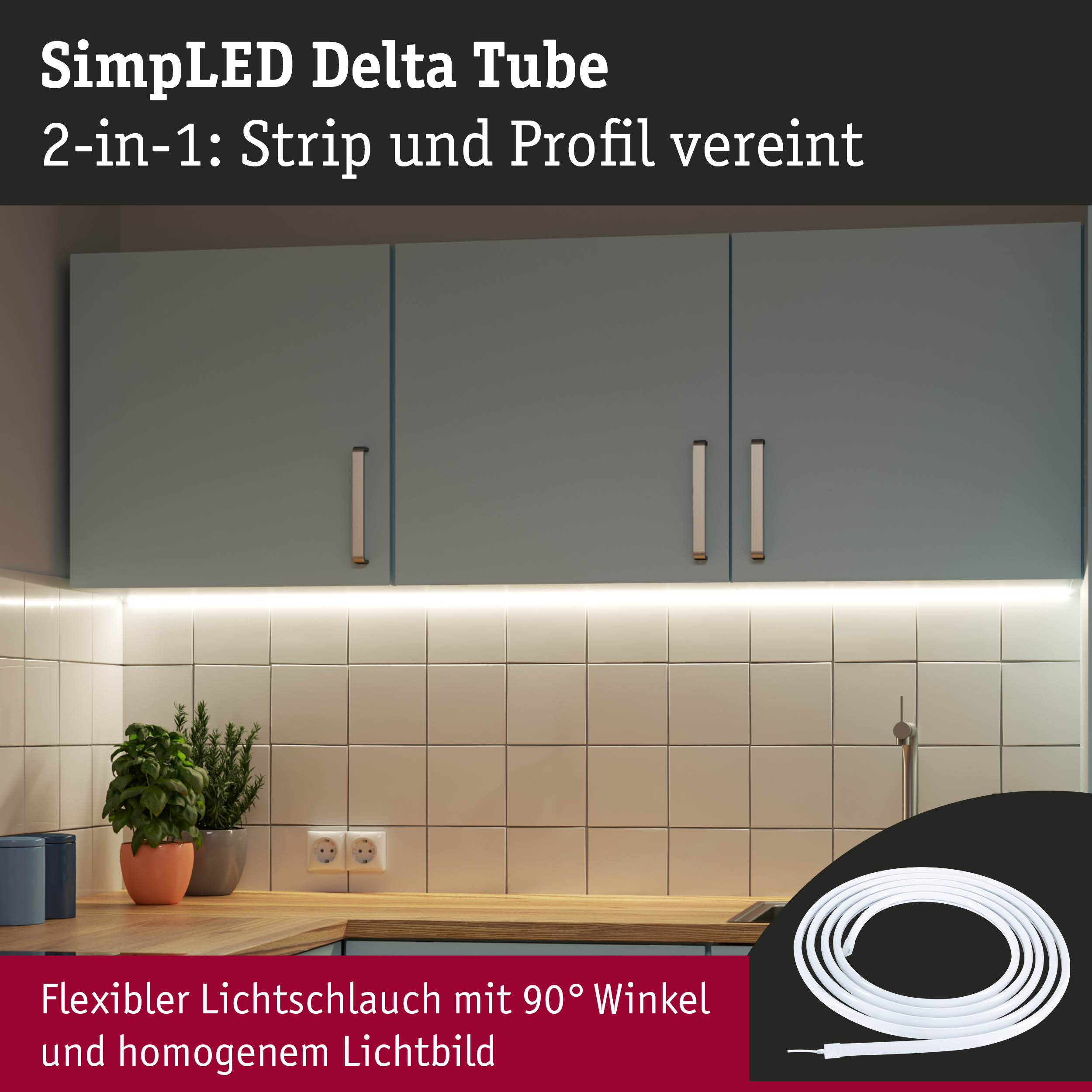 Flexibler weißer LED-Lichtschlauch mit 90° Winkel für homogene Küchenbeleuchtung unter grauen Hängeschränken