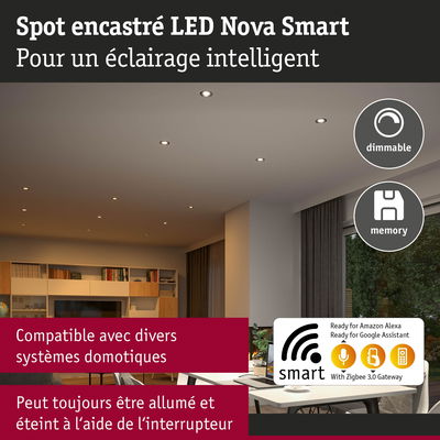 Spot encastré LED Nova Smart blanc pour éclairage intelligent et dimmable compatible assistants vocaux