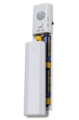 White motion sensor with battery compartment and manual or automatic switch control