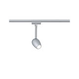 Moderner silberner LED-Strahler aus Metall an Schienensystem für flexible Raumbeleuchtung