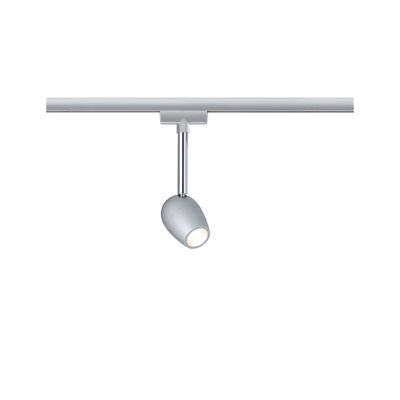 Moderner silberner LED-Strahler aus Metall an Schienensystem für flexible Raumbeleuchtung