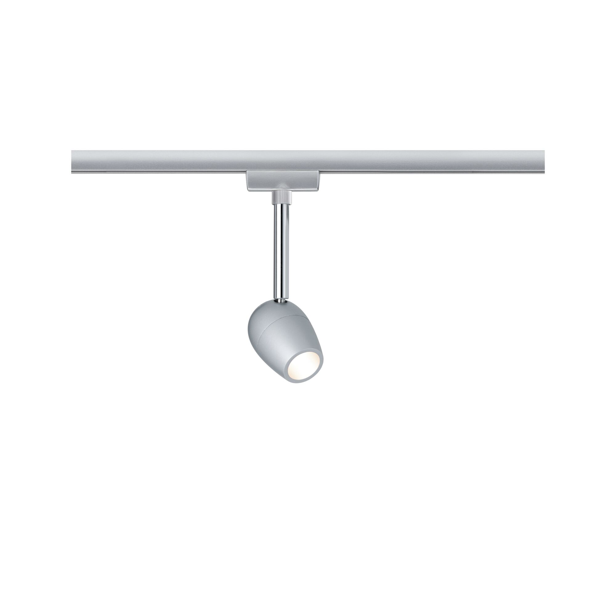 Moderner silberner LED-Strahler aus Metall an Schienensystem für flexible Raumbeleuchtung