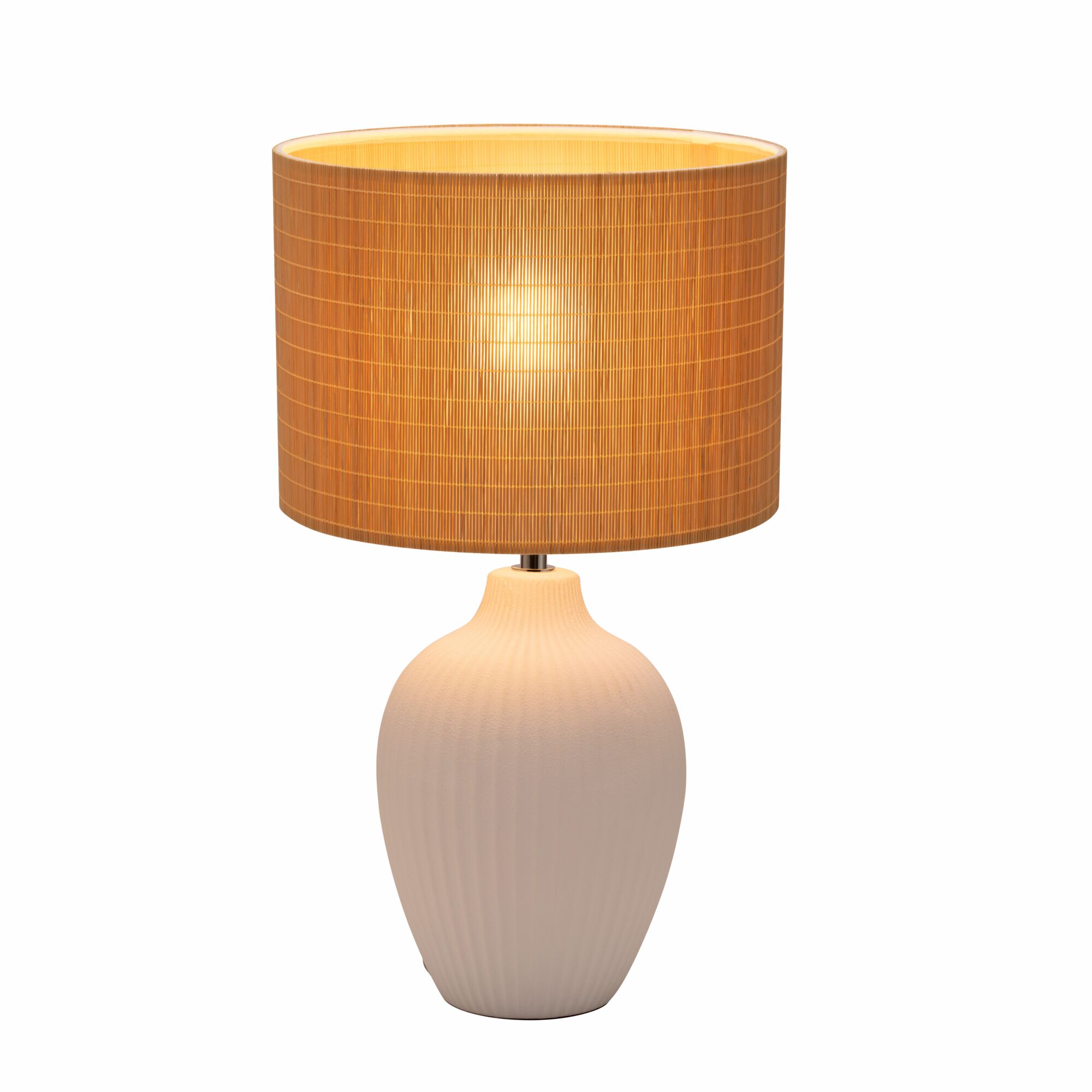 Table lamp with white ceramic base and brown fabric shade for cozy home lighting
