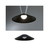 Black metal pendant lamp with conical shade and warm white LED light for modern interiors