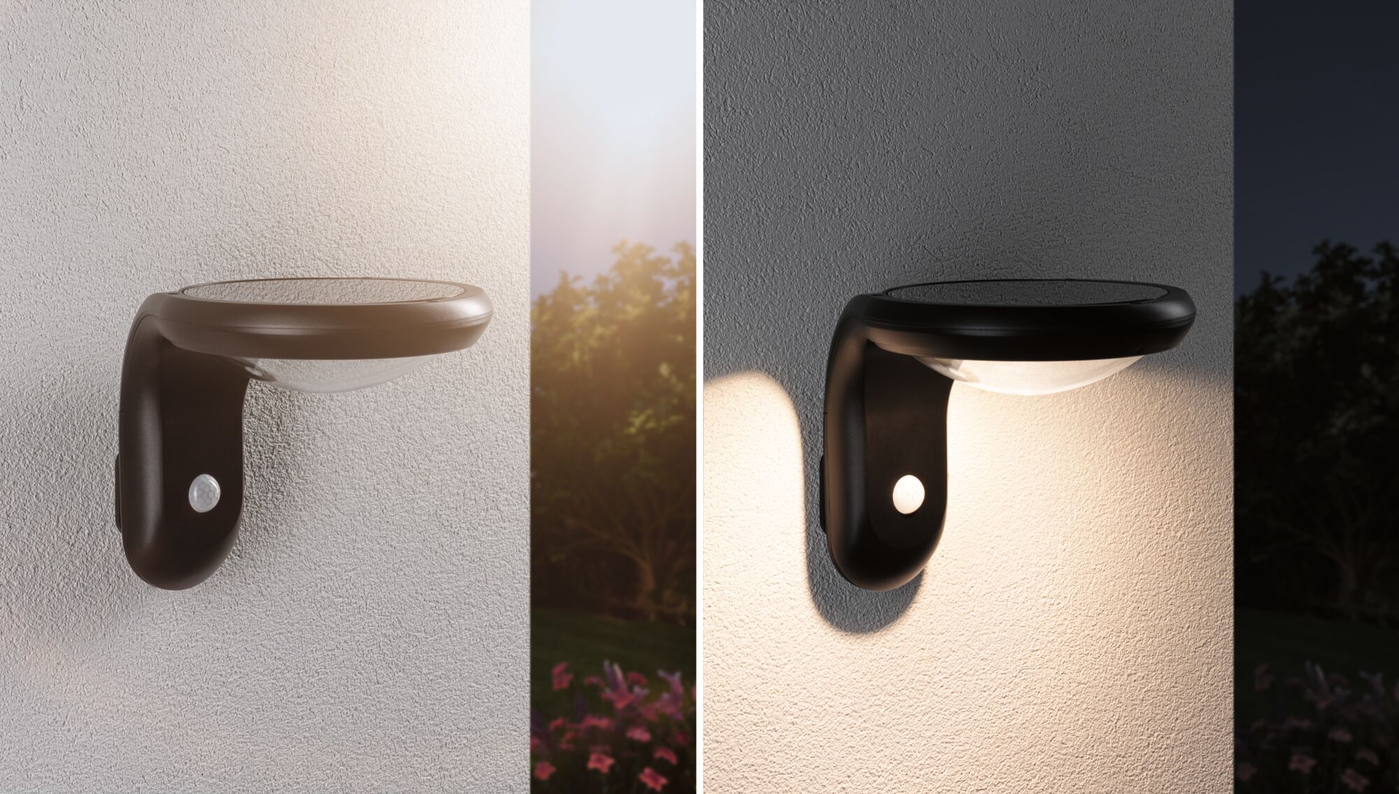 Black plastic solar wall light with motion sensor, day and night view, outdoor lighting