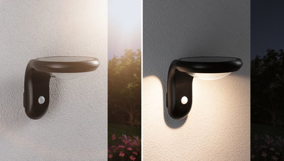 Zwarte kunststof zonne-wandlamp met bewegingssensor, dag- en nachtzicht, buitenverlichting