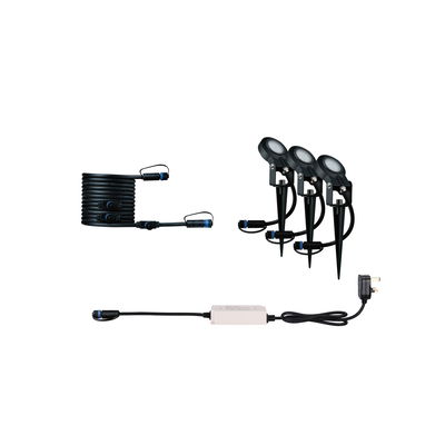 Set of three black LED garden spotlights with cable and power supply for outdoor lighting