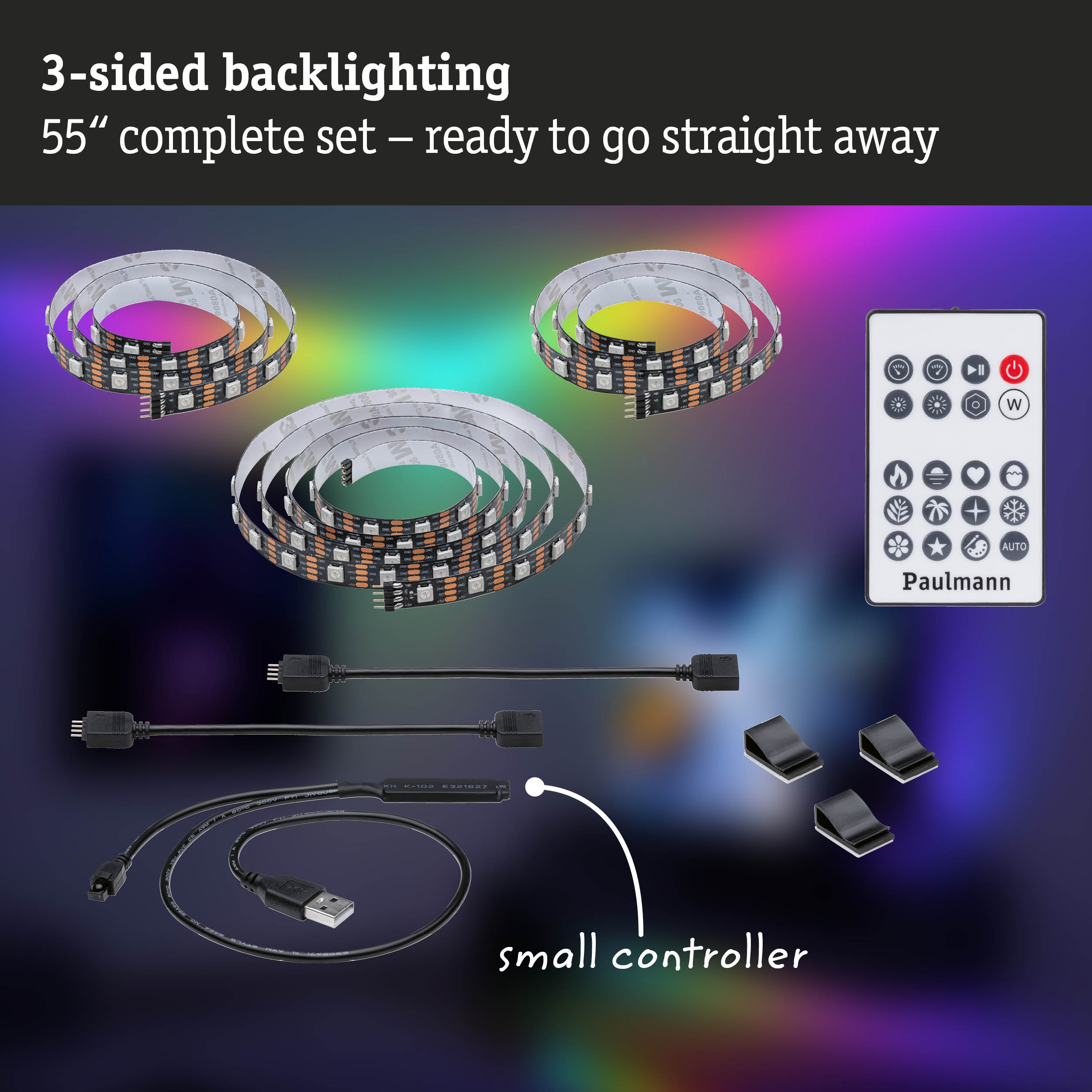 55-inch LED strip light set with 3-sided backlighting, remote control, and USB cable for TV lighting