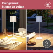 Witte tafellamp met stoffen kap voor binnen- en buitengebruik met IP44-classificatie