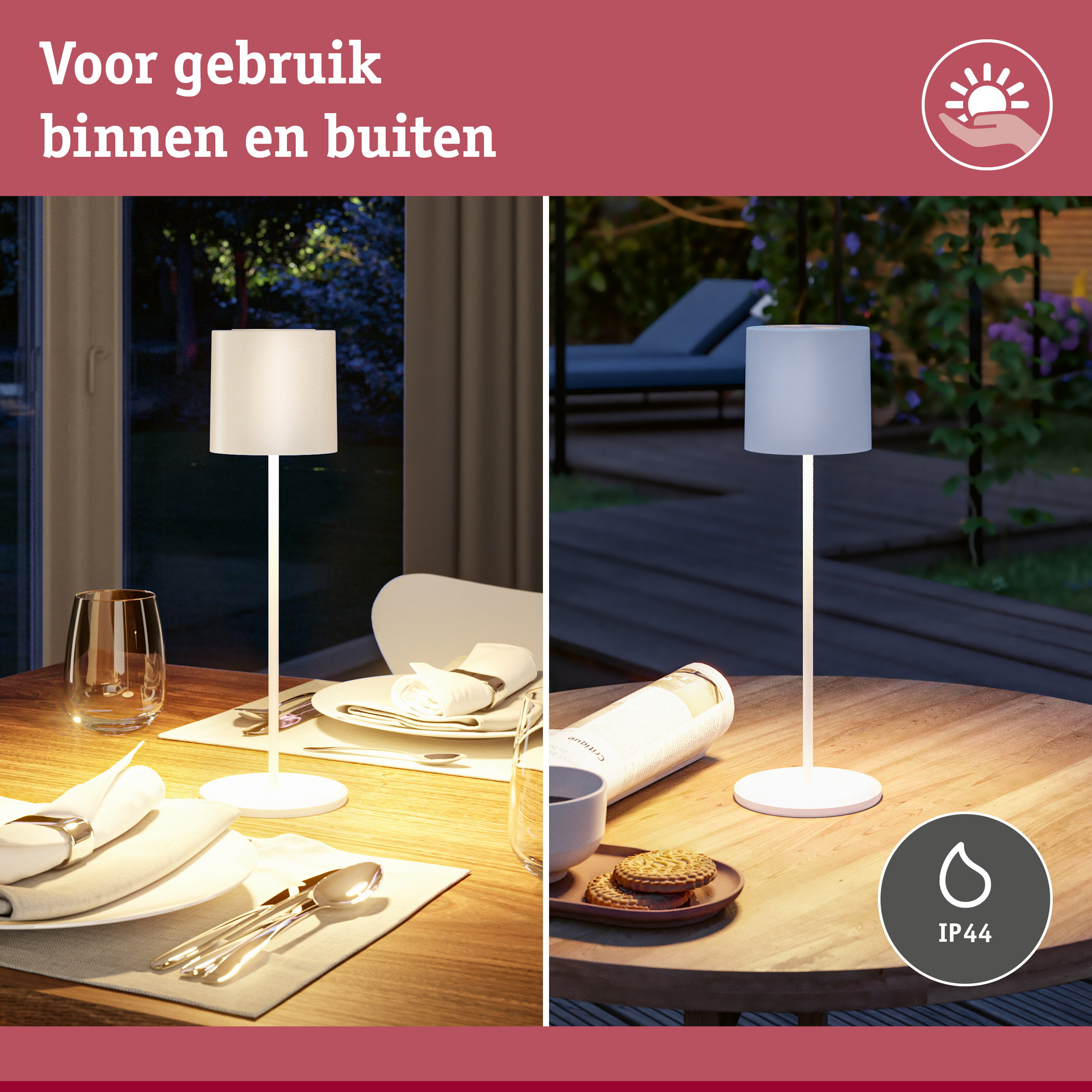 Witte tafellamp met stoffen kap voor binnen- en buitengebruik met IP44-classificatie