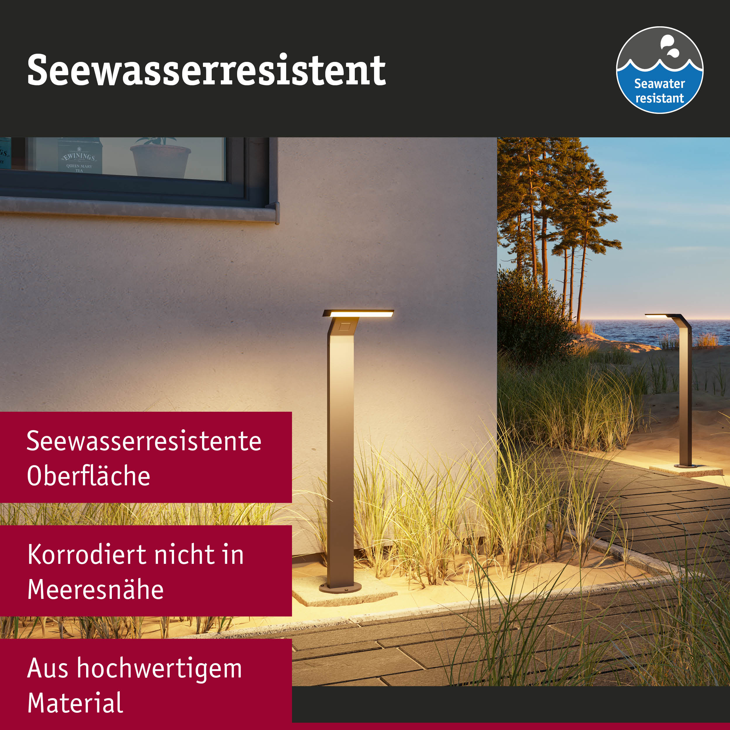 Moderne Außenleuchte mit seewasserresistenter Oberfläche aus hochwertigem Material für Gartenwege.
