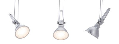 Drei silberne LED-Spotleuchten mit Klammerhalterung und verstellbarem Kopf für flexible Beleuchtung