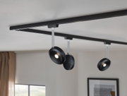 Black LED ceiling light with adjustable round spotlights and silver rods for modern room lighting