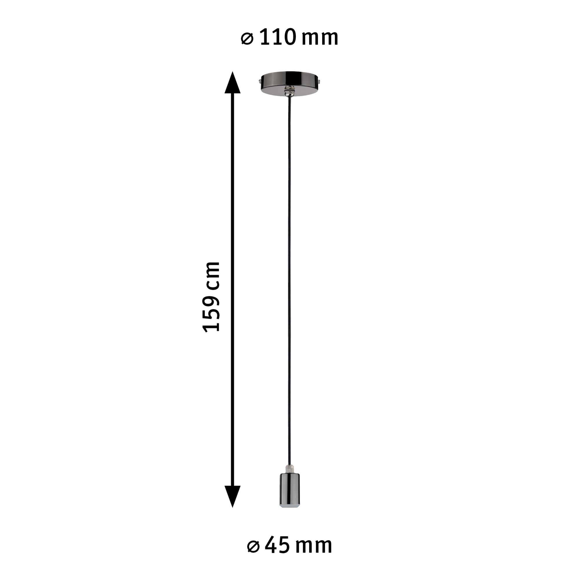 Black pendant cable with chrome ceiling mount and socket, 159 cm length, 45 mm diameter